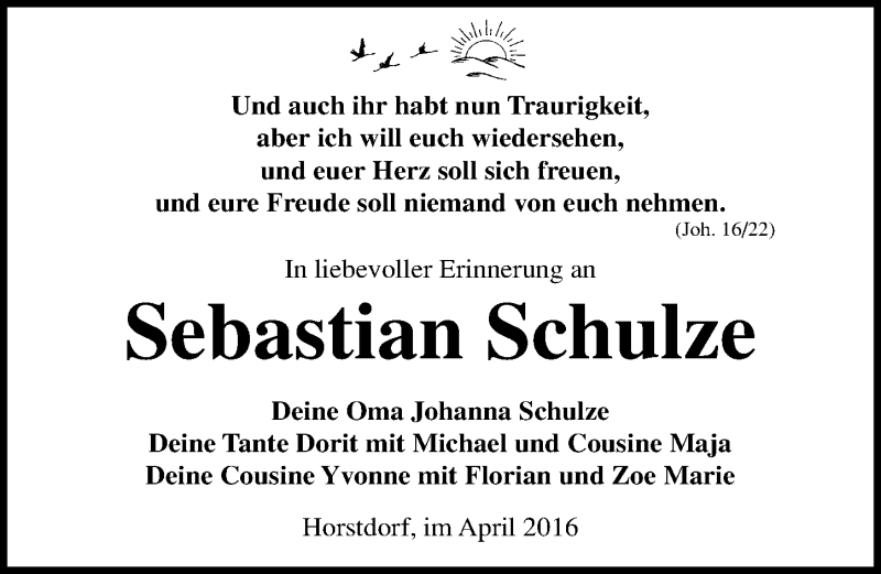  Traueranzeige für Sebastian Schulze vom 30.04.2016 aus Mitteldeutsche Zeitung Wittenberg