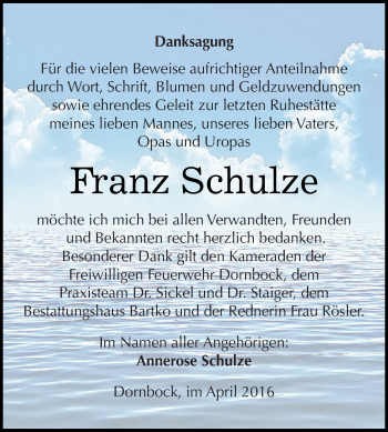 Traueranzeige von Franz Schulze von WVG - Wochenspiegel Dessau / Köthen