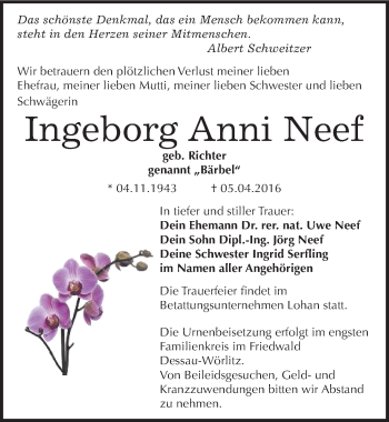 Traueranzeige von Ingeborg Anni Neef von Mitteldeutsche Zeitung Bitterfeld