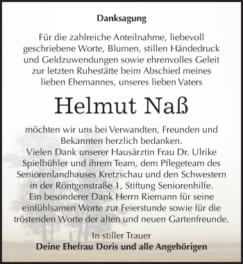 Traueranzeige von Helmut Naß von Mitteldeutsche Zeitung Zeitz