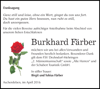 Traueranzeige von Burkhard Färber von Super Sonntag Aschersleben