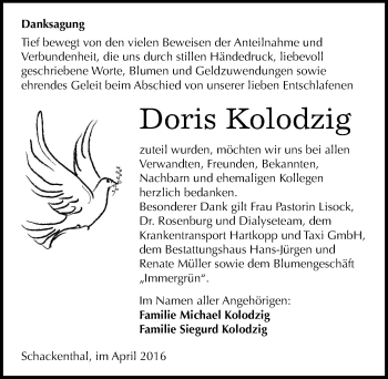 Traueranzeige von Doris Kolodzig von Mitteldeutsche Zeitung Aschersleben