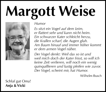 Traueranzeige von Margott Weise von Mitteldeutsche Zeitung Naumburg/Nebra