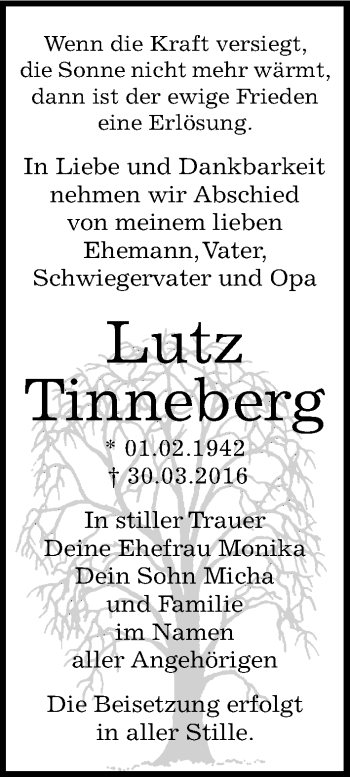 Traueranzeige von Lutz Tinneberg von Mitteldeutsche Zeitung Dessau-Roßlau