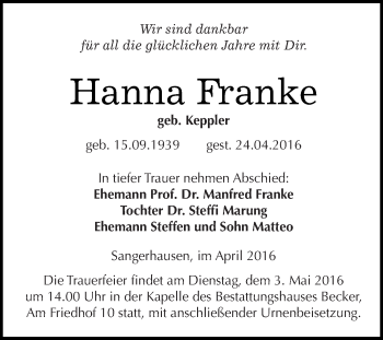 Traueranzeige von Hanna Franke von Super Sonntag SGH Mansf. Land