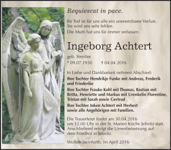 Traueranzeige von Ingeborg Achtert von WVG - Wochenspiegel Bitterfeld
