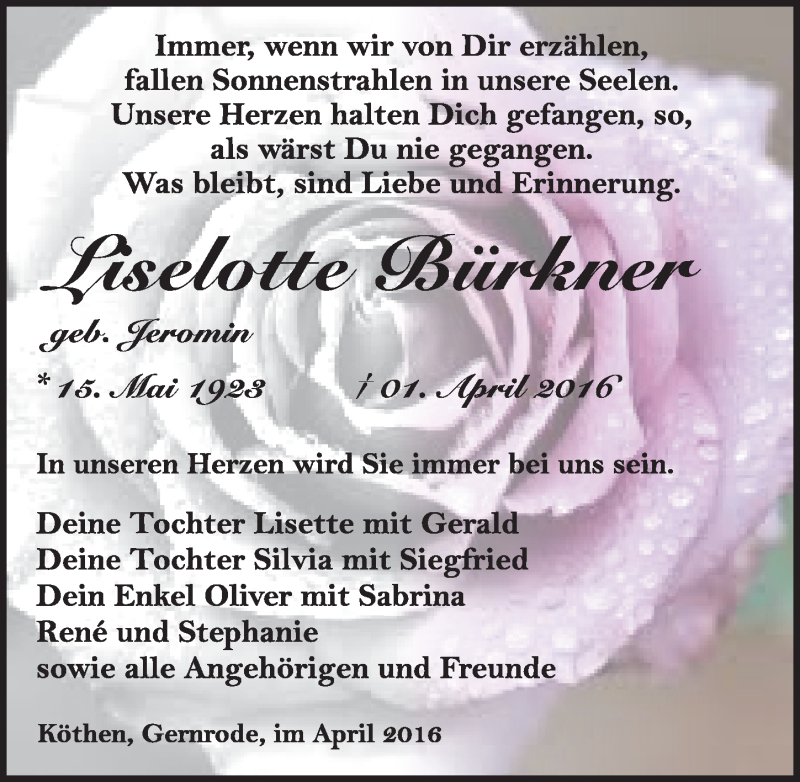  Traueranzeige für Liselotte Bürkner vom 09.04.2016 aus Mitteldeutsche Zeitung Köthen