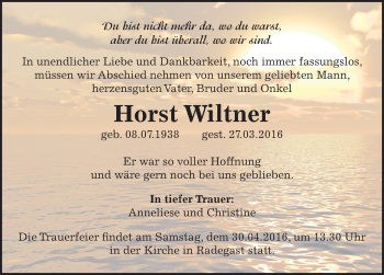 Traueranzeige von Horst Wiltner von Mitteldeutsche Zeitung Köthen
