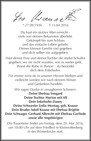 Traueranzeige von Leo Krause von Super Sonntag Wittenberg
