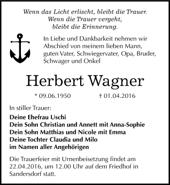 Traueranzeige von Herbert Wagner von Mitteldeutsche Zeitung Bitterfeld