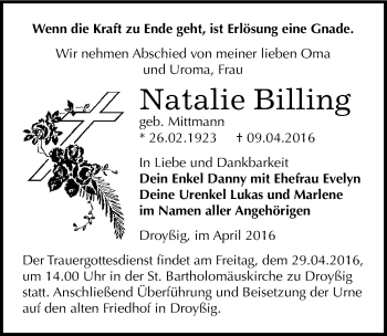 Traueranzeige von Natalie Billing von Mitteldeutsche Zeitung Zeitz