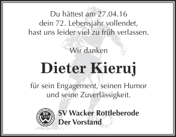 Traueranzeige von Dieter Kieruj von Super Sonntag SGH Mansf. Land
