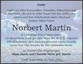 Traueranzeige von Norbert Martin von Super Sonntag Aschersleben