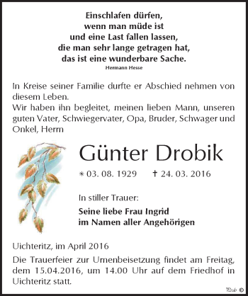Traueranzeige von Günter Drobik von Mitteldeutsche Zeitung Weißenfels