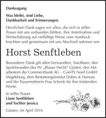 Traueranzeige von Horst Senftleben von Super Sonntag Bernburg