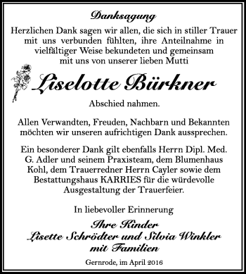Traueranzeige von Liselotte Bürkner von WVG - Wochenspiegel Quedlinburg