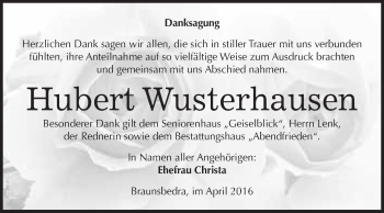 Traueranzeige von Hubert Wusterhausen von WVG - Wochenspiegel Merseburg