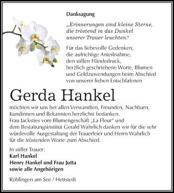 Traueranzeige von Gerda Hankel von Super Sonntag SGH Mansf. Land