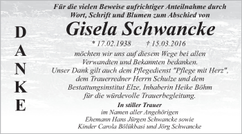 Traueranzeige von Gisela Schwancke von WVG - Wochenspiegel Dessau / Köthen