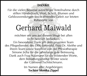 Traueranzeige von Gerhard Maiwald von Mitteldeutsche Zeitung Bitterfeld