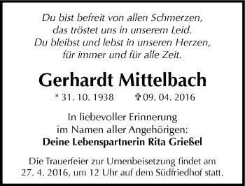 Traueranzeige von Gerhardt Mittelbach von Mitteldeutsche Zeitung Halle/Saalkreis