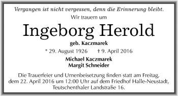 Traueranzeige von Ingeborg Herold von Mitteldeutsche Zeitung Halle/Saalkreis