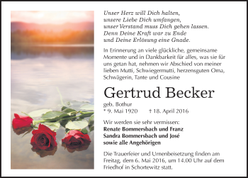 Traueranzeige von Gertrud Becker von Mitteldeutsche Zeitung Köthen