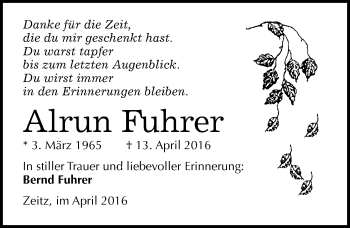 Traueranzeige von Alrun Fuhrer von Mitteldeutsche Zeitung Zeitz