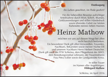 Traueranzeige von Heinz Mathow von Mitteldeutsche Zeitung Wittenberg