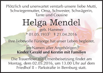Traueranzeige von Helga Mendel von Mitteldeutsche Zeitung Bernburg