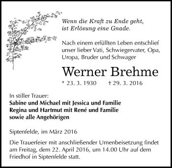 Traueranzeige von Werner Brehme von Mitteldeutsche Zeitung Quedlinburg