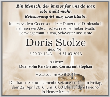 Traueranzeige von Doris Stolze von Wochenspiegel Mansfelder Land