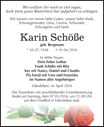 Traueranzeige von Karin Schöße von Super Sonntag SGH Mansf. Land