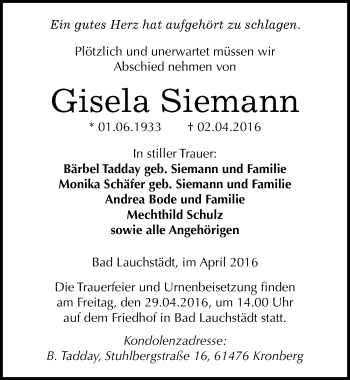 Traueranzeige von Gisela Siemann von Mitteldeutsche Zeitung Merseburg/Querfurt