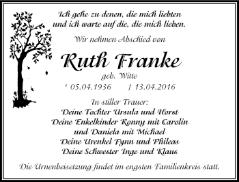 Traueranzeige von Ruth Franke von Mitteldeutsche Zeitung Dessau-Roßlau
