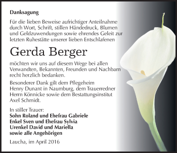 Traueranzeige von Gerda Berger von Mitteldeutsche Zeitung Naumburg/Nebra