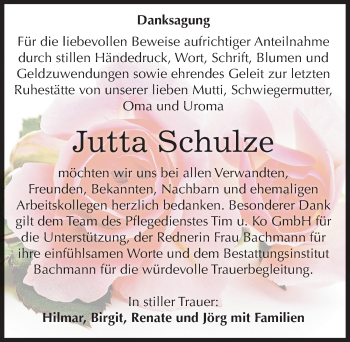 Traueranzeige von Jutta Schulze von Mitteldeutsche Zeitung Dessau-Roßlau