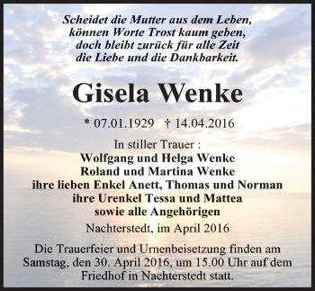 Traueranzeige von Gisela Wenke von Mitteldeutsche Zeitung Aschersleben
