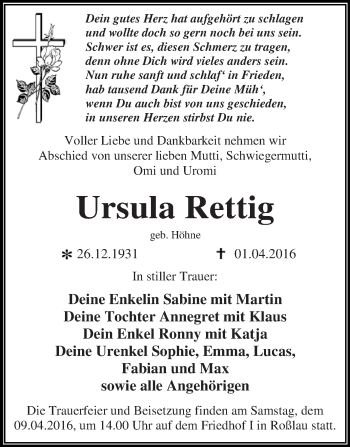 Traueranzeige von Ursula Rettig von WVG - Wochenspiegel Dessau / Köthen