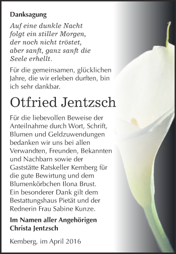 Traueranzeige von Otfried Jentzsch von Super Sonntag Wittenberg