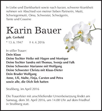Traueranzeige von Karin Bauer von Mitteldeutsche Zeitung Sangerhausen