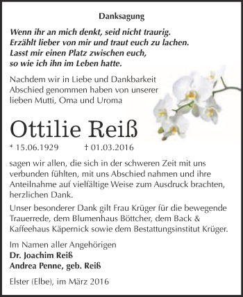 Traueranzeige von Ottilie Reiß von WVG - Wochenspiegel Wittenberg