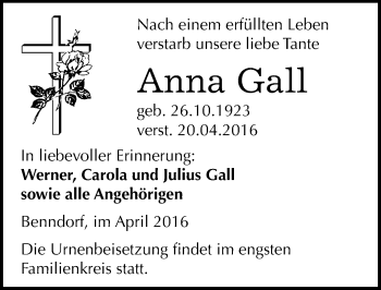 Traueranzeige von Anna Gall von Mitteldeutsche Zeitung Mansfelder Land