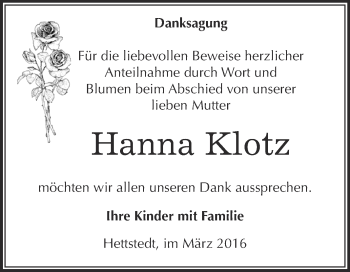 Traueranzeige von Hanna Klotz von Wochenspiegel Mansfelder Land