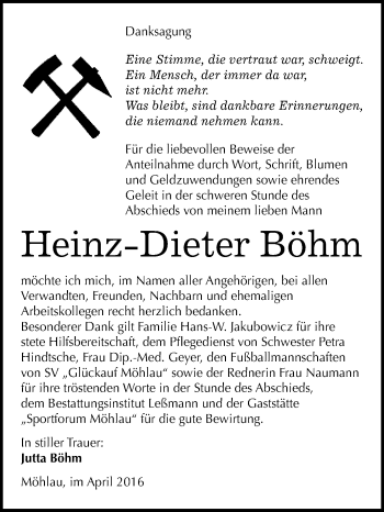 Traueranzeige von Heinz-Dieter Böhm von WVG - Wochenspiegel Wittenberg