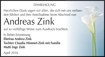 Traueranzeige von Andreas Zink von Mitteldeutsche Zeitung Zeitz