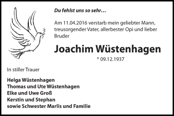 Traueranzeige von Joachim Wüstenhagen von WVG - Wochenspiegel Dessau / Köthen