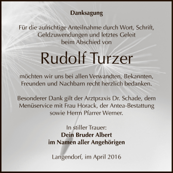 Traueranzeige von Rudolf Turzer von WVG - Wochenspiegel NMB / WSF / ZTZ