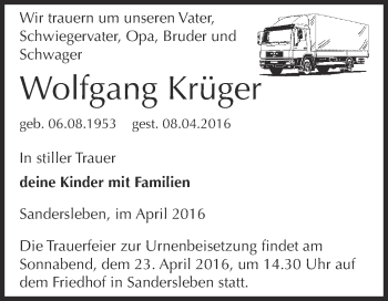 Traueranzeige von Wolfgang Krüger von Wochenspiegel Mansfelder Land
