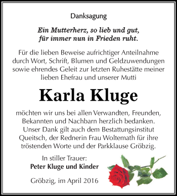 Traueranzeige von Karla Kluge von WVG - Wochenspiegel Dessau / Köthen